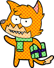 cartoon grinning fox with christmas present