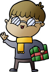 cartoon boy wearing spectacles carrying gift