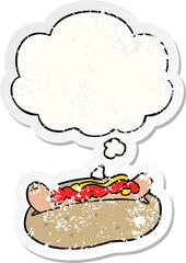 cartoon hotdog with thought bubble as a distressed worn sticker