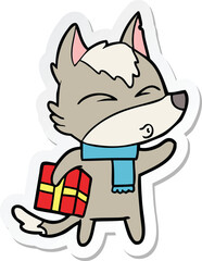 sticker of a cartoon christmas wolf whistling