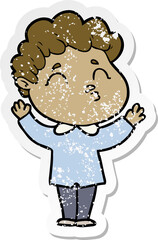 distressed sticker of a cartoon man shrugging
