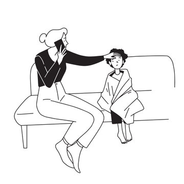 mother checks sick child's temperature clip art preview