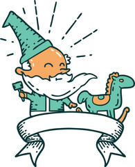 scroll banner with tattoo style santa claus christmas character making toy