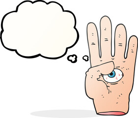 freehand drawn thought bubble cartoon spooky hand with eyeball
