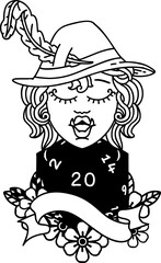 Black and White Tattoo linework Style singing half orc bard character with natural twenty dice roll