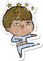 distressed sticker of a cartoon amazed boy