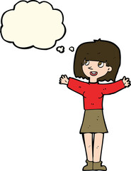 cartoon excited woman with thought bubble