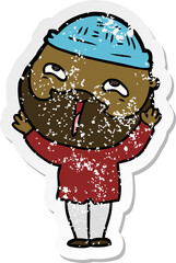 distressed sticker of a cartoon happy bearded man
