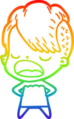 rainbow gradient line drawing of a cartoon cool hipster girl talking