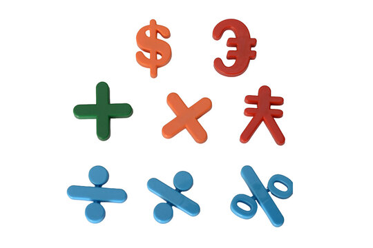the US dollar ($), Japanese yen (¥), European euro (€), addition (+), multiplication (×), division (÷), and percentage (%) symbols, along with various currency symbols and mathematical symbols