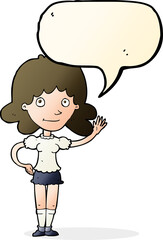 cartoon woman waving with speech bubble