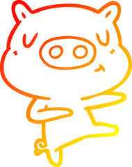 Obraz premium warm gradient line drawing of a cartoon content pig dancing