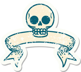 worn old sticker with banner of a skull