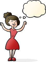 cartoon woman with raised arms with thought bubble