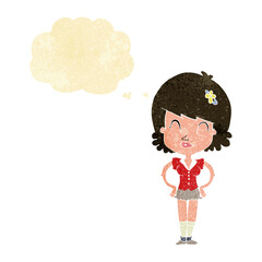 cartoon happy woman with thought bubble