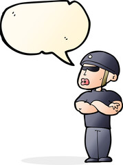 cartoon security guard with speech bubble