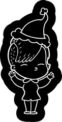 quirky cartoon icon of a squinting girl wearing santa hat