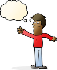 cartoon happy man waving with thought bubble