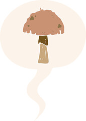 cartoon mushroom with speech bubble in retro style