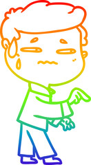 rainbow gradient line drawing of a cartoon anxious man pointing