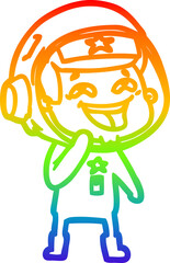 rainbow gradient line drawing of a cartoon laughing astronaut