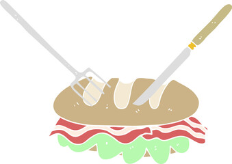 flat color illustration of knife and fork cutting huge sandwich