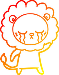 warm gradient line drawing of a crying cartoon lion