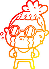 warm gradient line drawing of a cartoon crying woman wearing sunglasses