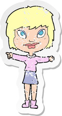 retro distressed sticker of a cartoon woman pointing