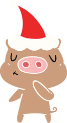 hand drawn flat color illustration of a content pig wearing santa hat