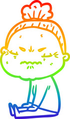 rainbow gradient line drawing of a cartoon annoyed old lady