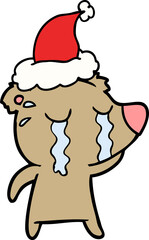hand drawn line drawing of a crying bear wearing santa hat
