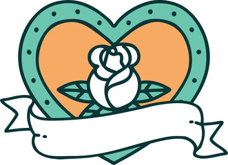 iconic tattoo style image of a heart rose and banner