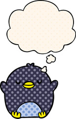 cartoon penguin with thought bubble in comic book style
