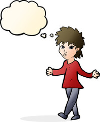 cartoon woman shrugging shoulders with thought bubble