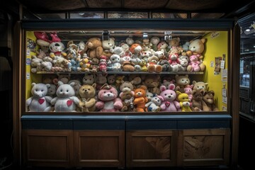 An old claw machine inviting players to capture traditional stuffed animals. Generative AI