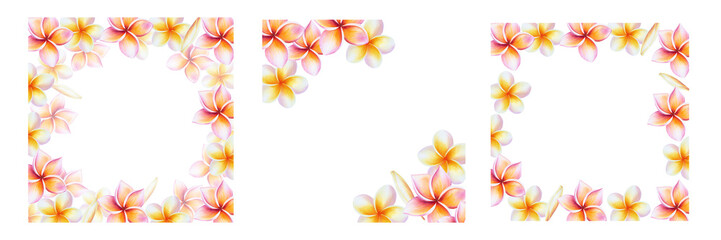 Obraz premium Watercolor set of frames with realistic tropical illustration of plumeria flowers with leaves isolated on white background. Beautiful botanical hand painted frangipani clip art. For designers, spa