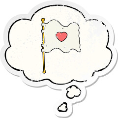 cartoon flag with love heart with thought bubble as a distressed worn sticker