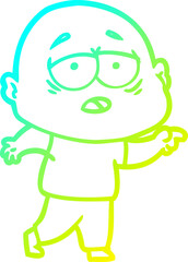 cold gradient line drawing of a cartoon tired bald man