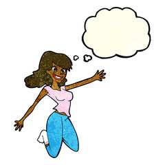 cartoon jumping woman with thought bubble