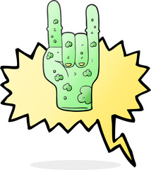 freehand drawn speech bubble cartoon zombie hand making horn sign
