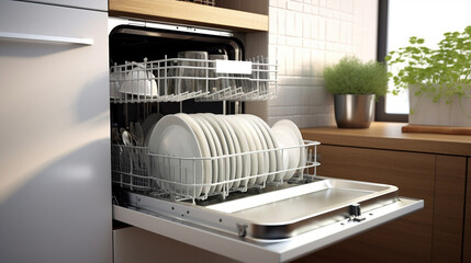 Domestic machine household housework dishwasher kitchen cleaning appliance dishes modern open plate