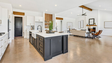 A home kitchen with white and wood accents - obrazy, fototapety, plakaty