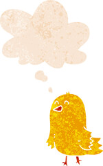 cartoon bird with thought bubble in grunge distressed retro textured style