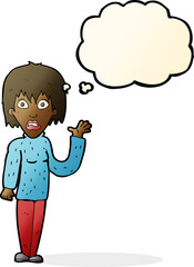 cartoon shocked woman waving hand with thought bubble