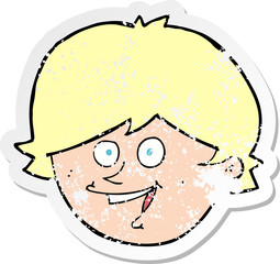 retro distressed sticker of a cartoon happy boy face