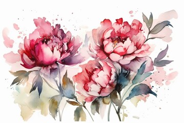 Beautiful watercolor peonies on white background. Delicate floral artwork created with advanced techniques. Generative AI
