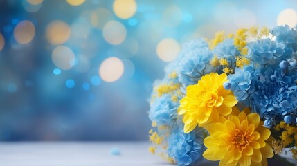 Blue hydrangeas and yellow asters bouquet on bokeh