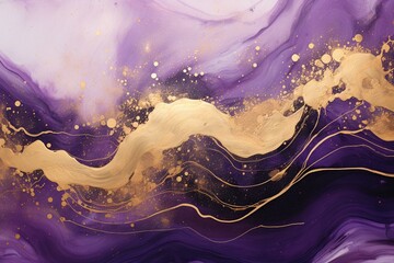 Elegant flowing artwork with violet and yellow hues. Liquid texture enhanced by golden glitter. Generative AI