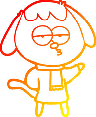 warm gradient line drawing of a cartoon tired dog wearing winter clothes